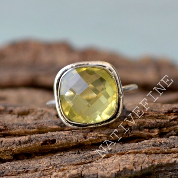 Cushion Cut Lemon Topaz Ring: 925 Sterling Silver Bezel Setting