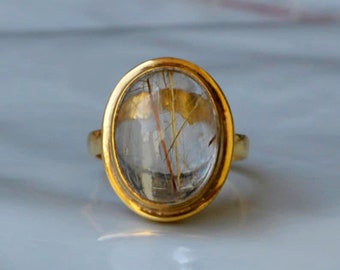 Rutilated Quartz Ring - Sterling Silver Yellow Gold Ring - Natural Rutiliated Quartz Ring - Quartz Ring - Rutiliated Quartz Gift Ring