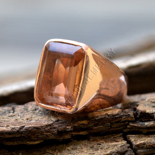 Bague quartz morganite pêche : taille émeraude, argent sterling or rose