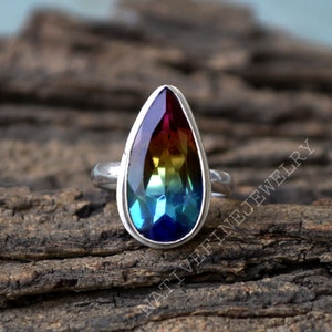 Bi Color Tourmaline Quartz Ring- 925 Sterling Silver Ring -Pear Cut Multicolor Quartz Gift Ring -Birthstone Ring- Tourmaline Gift Ring