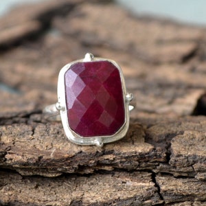 Ruby Gemstone Ring, Bezel Setting Statement Ring, 925 Sterling Silver Ring, Cushion Faceted Red Ruby Gemstone Ring ,July Birthstone Ring