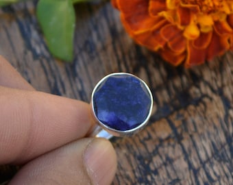 Natural Blue Sapphire Gemstone Ring, 925 Sterling Silver, Bezel Round Ring, September Birthstone Gift Ring ,Handmade Ring, Yellow Gold Ring