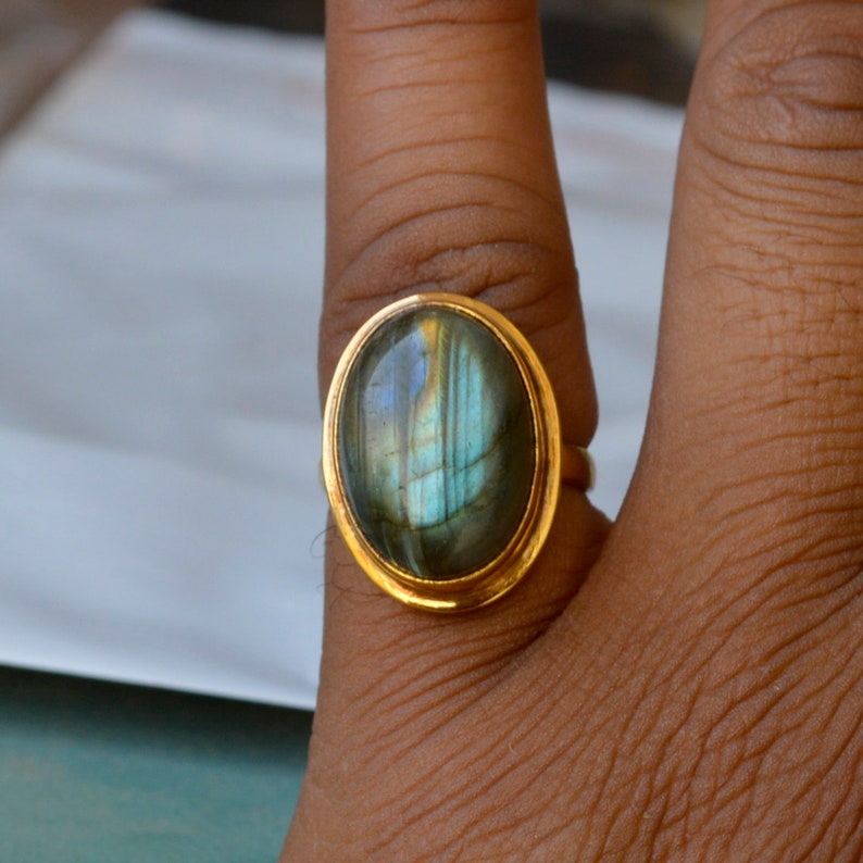 Labradorite Ring Fire Labradorite Ring Bezel Labradorite Ring Blue Red Fire Labradorite Gemstone Ring Sterling Silver Yellow Gold Ring