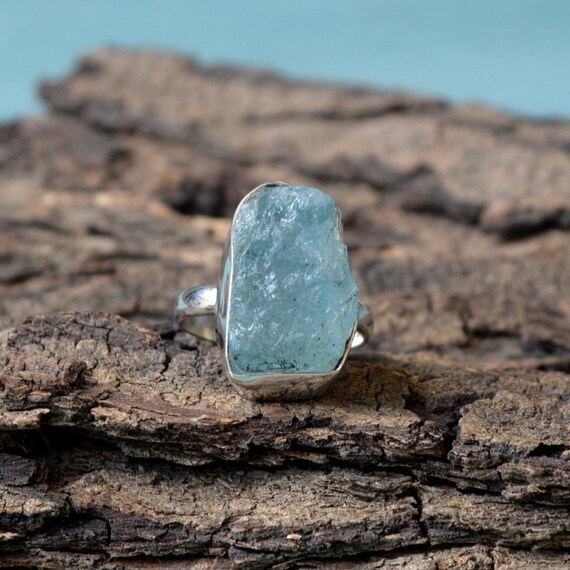 Raw Aquamarine Ring Sterling Silver Bezel Ring Rough Stone