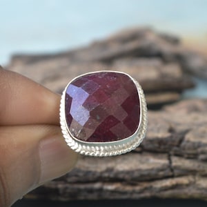 Ruby Gemstone Ring, Bezel Setting Designer Band Ring, 925 Sterling Silver Ring, Cushion Faceted Ruby Stone Ring, July Birthstone Gift Ring