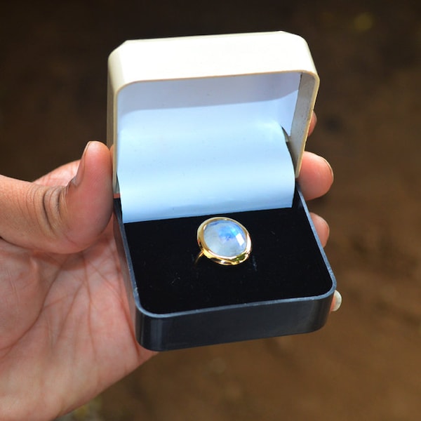 Checker Cut Rainbow Moonstone 14K Yellow Gold Ring