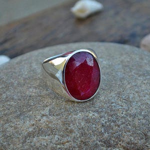 Natural Red Ruby Gemstone Ring - Solid Sterling Silver Ring - July Birthstone Ring - Faceted Ruby Ring- Men&#39;s Ring- Yellow Gold Custom Ring