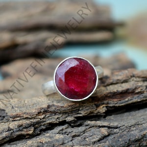 Ruby Gemstone Ring, Round Cut Ruby Ring, 925 Sterling Silver Ring, Raw Red Ruby Gemstone Ring, July Birthstone Gift Ring, Handmade Ring