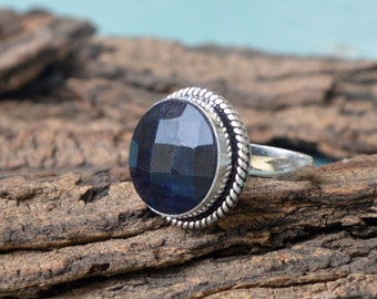 Natural Dark Blue Sapphire Gemstone Ring, Sapphire 925 Sterling Silver Ring, Round Faceted Sapphire Ring, Birthstone Ring, Designer Gift