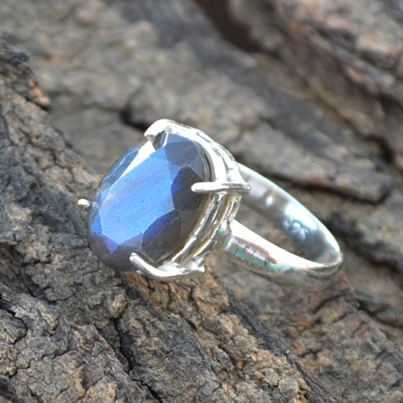 Fire Labradorite Gift Ring 925 Sterling Silver Ring Natural Gemstone Ring Prong Set Labradorite Ring Faceted Labradorite Gemstone Ring