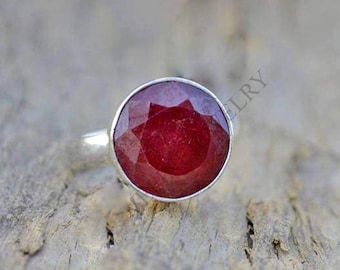 Raw Ruby Ring, 925 Sterling Silver Ring, Natural Red Ruby Ring, July Birthstone Ring, Round Faceted Ring, Valentine Gift Ring, Mom Ring