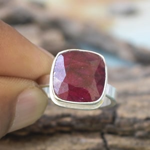 Ruby Gemstone Ring, Bezel Set Ruby Ring, 925 Sterling Silver Ring, Cushion Cut Ruby Gemstone Ring, July Birthstone Gift Ring, Handmade Ring