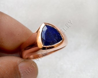 Raw Blue Sapphire Ring, Trillion Blue Sapphire Ring, Natural Sapphire Birthstone Ring, 925 Sterling Silver Rose Gold Ring, Sapphire Jewelry