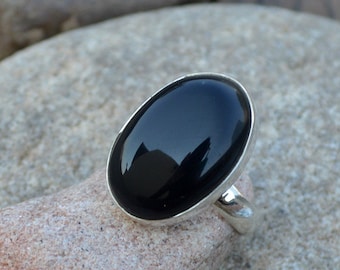 Black Onyx Gemstone Ring, 925 Sterling Silver, Large Onyx Ring, December Birthstone Ring, Statement Gift Ring, Simple Classic Onyx Ring