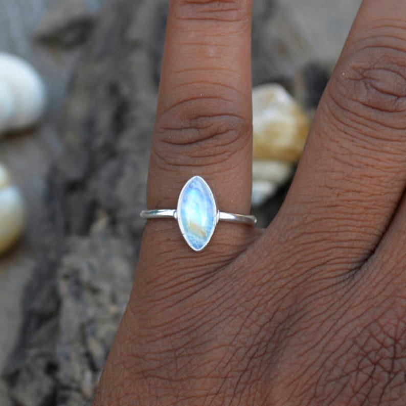 June Birthstone Tiny Ring Christmas Sale Rainbow Moonstone Gemstone Ring 925 Sterling Silver Ring Gift For Love Blue Fire Moonstone Ring