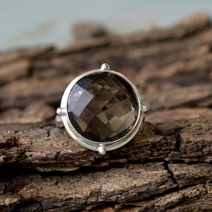 Smoky Quartz Ring, Natural Smoky Ring, Round Check Cut Smoky Ring, 925 Sterling Silver Ring, Birthstone Smoky Quartz Ring, Artisan Gift Ring