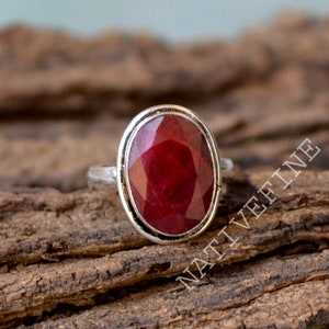 Genuine Ruby Gemstone Ring, Bezel Setting Statement Ring, 925 Sterling Silver Ring, Oval Faceted Red Ruby Gemstone Ring ,Designer Gift Ring