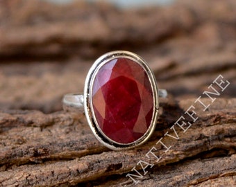 Genuine Ruby Gemstone Ring, Bezel Setting Statement Ring, 925 Sterling Silver Ring, Oval Faceted Red Ruby Gemstone Ring ,Designer Gift Ring