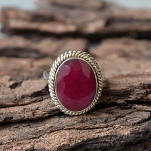 Ruby Gemstone Ring, Bezel Designer Statement Ring, 925 Sterling Silver Ring, Oval Faceted Ruby Stone Ring, July Birthstone Gift Ring Jewelry
