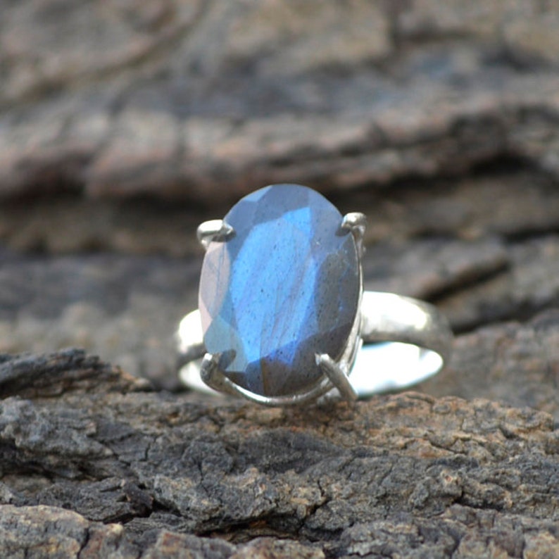 Fire Labradorite Gift Ring 925 Sterling Silver Ring Natural Gemstone Ring Prong Set Labradorite Ring Faceted Labradorite Gemstone Ring