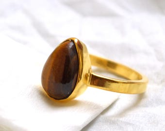 14K gouden tijgeroogring: peer edelsteen trouwring