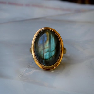 Genuine Labradorite Gemstone Ring: Sterling Silver Yellow Gold Bezel (16x12mm)