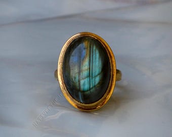 Genuine Fire Labradorite Gemstone Ring - Labradorite Ring- Sterling Silver Yellow Gold Ring - Bezel Labradorite Ring- Fire Labradorite Ring