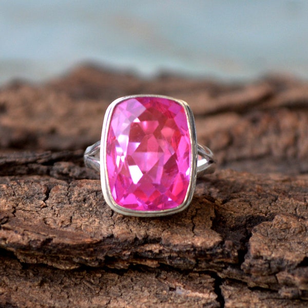 Pink Tourmaline Quartz Ring, 925 Sterling Silver Ring, Pink Quartz Ring, Birthstone Handmade Artisan Gift Ring, Cushion Shape Gift Ring