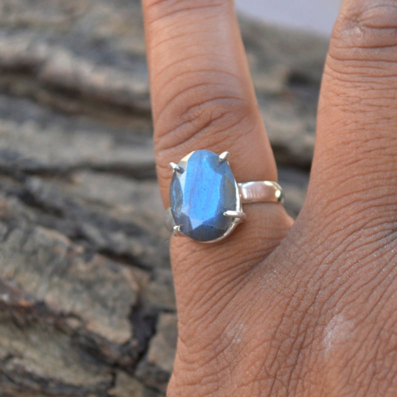 Fire Labradorite Gift Ring 925 Sterling Silver Ring Natural Gemstone Ring Prong Set Labradorite Ring Faceted Labradorite Gemstone Ring
