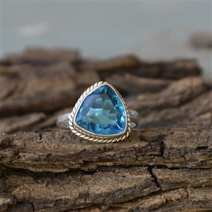 Blue Quartz Ring, Bezel Set Desinger Ring, Trillion Blue Quartz Ring, 925 Sterling Silver Ring, Birthstone Ring, Beautiful Artisan Gift Ring