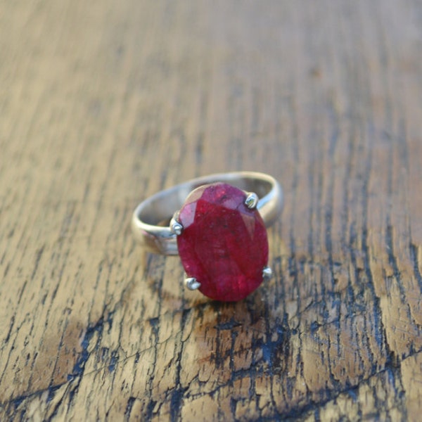 Natural Red Ruby Gemstone Ring, 925 Sterling Silver, Prong Set Ring, July Birthstone Gift Ring , Artisan Handmade Ring, Yellow Gold Ring