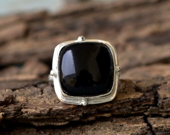 Cushion Black Onyx Ring: 925 Sterling Silver Statement Ring