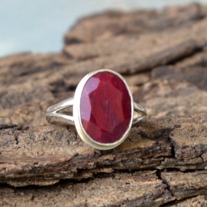 Ruby Gemstone Ring, Bezel Setting Statement Ring, 925 Sterling Silver Ring, Oval Faceted Red Ruby Gemstone Ring ,July Birthstone Gift Ring