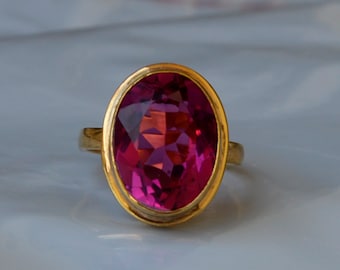 Checker Cut Pink Tourmaline Quartz Ring: Sterling Silver Yellow Gold