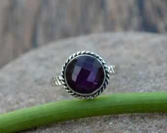 Amethyst Gemstone Ring- 925 Sterling Silver Ring- Round Checker Cut Amethyst Ring- February Birthstone Ring Jewelry- Designer Gift Ring