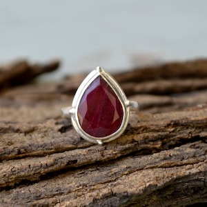 Ruby Gemstone Ring, Bezel Setting Statement Ring, 925 Sterling Silver Ring, Pear Faceted Red Ruby Gemstone Ring July Birthstone Gift Ring