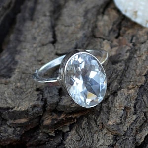 Natural Rock Crystal Gemstone Ring- 925 Sterling Silver Ring- Oval Cut Ring- Birthstone Gift Ring- Crystal Ring- Bezel Set Ring- Clear Ring