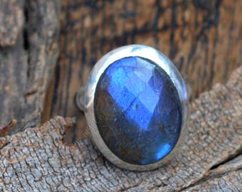 Blue Fire Labradorite Ring: Rose Cut Sterling Silver Gemstone