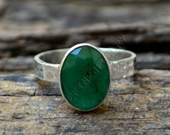 Raw Emerald Ring: Hammered Sterling Silver, May Birthstone Jewelry