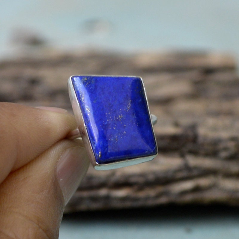 ラピスラズリリング：925スターリングシルバーベゼル、1月の誕生石
