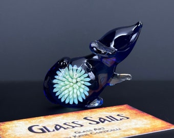 Glass Mouse Sculpture Figurine with magical coloring, floral design, bubbles, and a fantasy vibe - blown glass cute mouse bookshelf desk