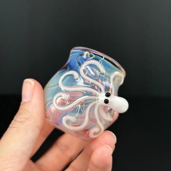 Blown Glass Octopus Jar, Borosilicate Glass, Toothpick Holder, Mouthwash, Qtip