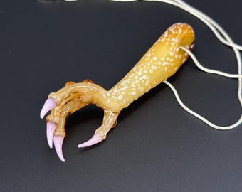 Glass Dragon Claw Pendant in Speckled Yellow and Pink on a Silver Chain - Fantasy Jewelry
