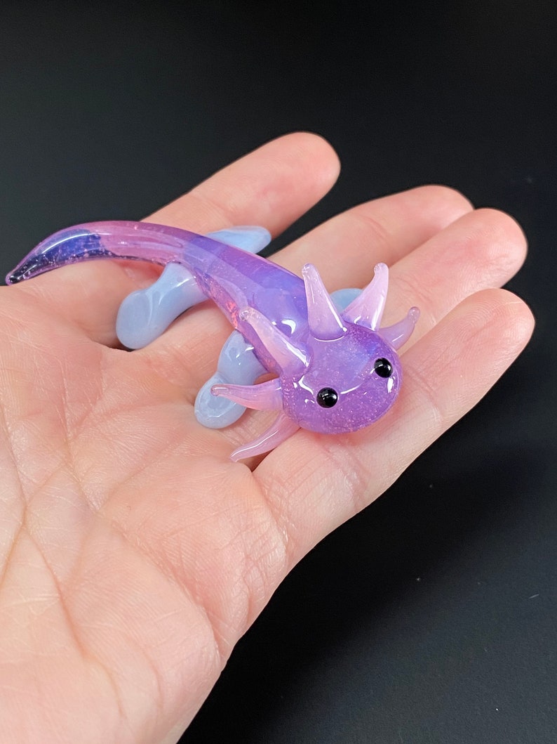 Baby Axolotl Glass Sculpture purple Mud Puppy Desk Friend Aquarium Art small figurine tiny axolotl cute adorable chibi image 10