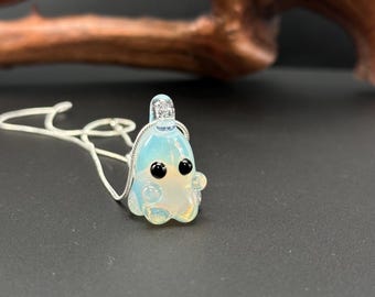 Glass Ghost Pendant – Blacklight / UV Reactive Pink, Silver Chain Necklace