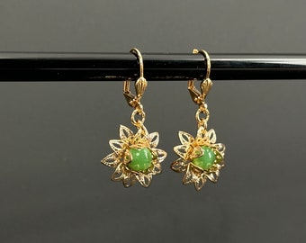 Gold Lotus Flower Earrings with Green Glass Kiln Formed, victorian, fantasy, new vintage fashion