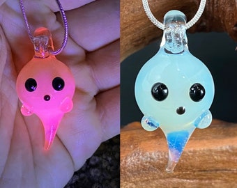 UV Opaly Glass Ghost Pendant - Blacklight Reactive - Halloween party ghost necklace - pink ghost spooky goth night witchy ghoul cute dark