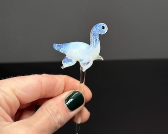 Nessie Plant Stick - Opal White Glass Loch Ness Monster Miniature for Gardens or Cupcakes