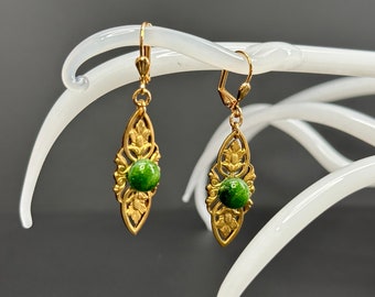 Green Glass Earrings on Brass Filigree - 18k plated leverback - Kiln Formed, victorian, fantasy, new vintage fashion, historic jewelry