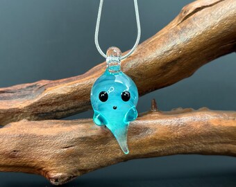 Glass Ghost Pendant Zen Blue - blown glass, glass ghost, Halloween necklace, ghost necklace, spooky, goth, cute